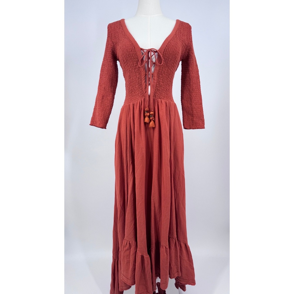 Free People Perfect Solution Maxi Dress Sz XS Rust Smocked Lace Up Tassel NEW